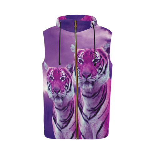 Purple Tiger All Over Print Sleeveless Zip Up Hoodie for Men (Model H16)