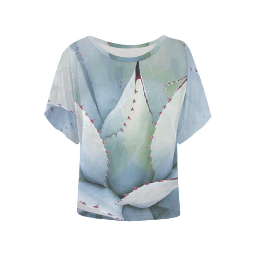Succulent  Blue Green Nature Vector Art Women's Batwing-Sleeved Blouse T shirt (Model T44)