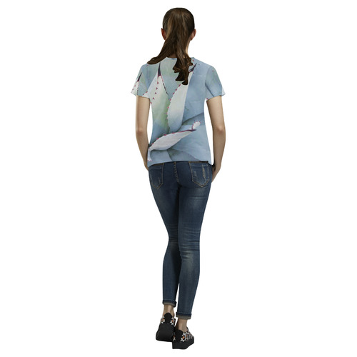 Succulent  Blue Green Nature Vector Art All Over Print T-Shirt for Women (USA Size) (Model T40)