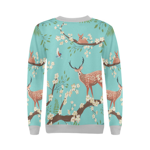 Flying birds and Sika deer staing on tree brunch All Over Print Crewneck Sweatshirt for Women (Model H18)