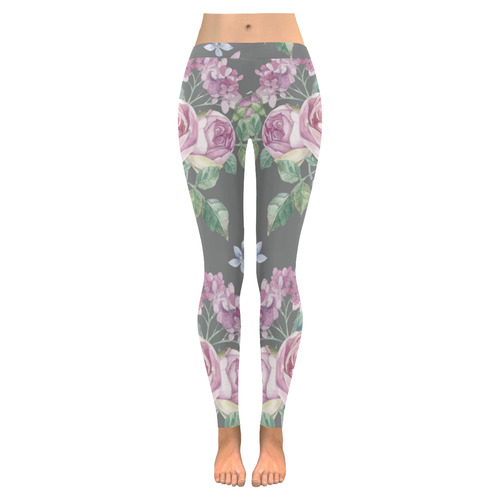 Floral on Grey Women's Low Rise Leggings (Invisible Stitch) (Model L05)