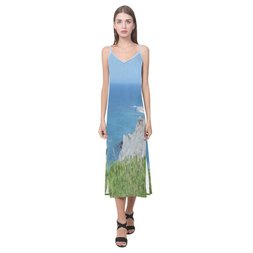 Block Island Bluffs - Block Island, Rhode Island V-Neck Open Fork Long Dress(Model D18)