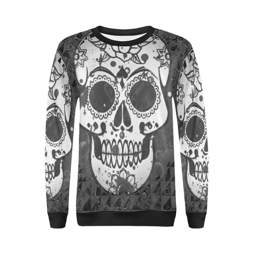 black and white Skull All Over Print Crewneck Sweatshirt for Women (Model H18)