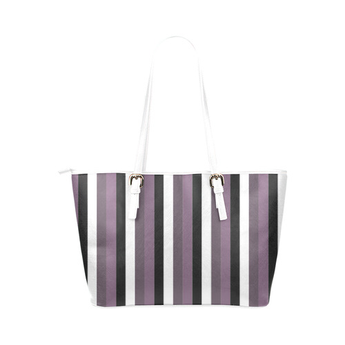 Purple Mode with Black and White vertically striped Leather Tote Bag Leather Tote Bag/Small (Model 1651)