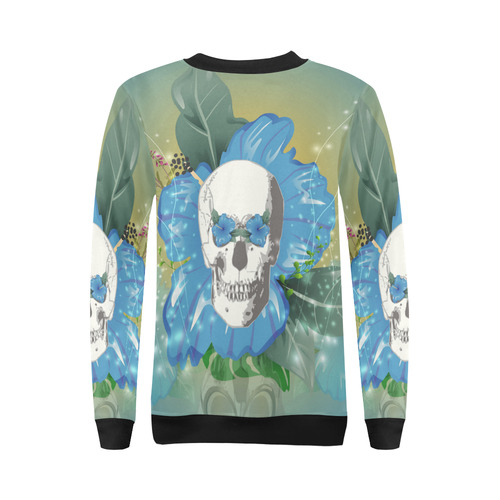 Funny skull with blue flowers All Over Print Crewneck Sweatshirt for Women (Model H18)