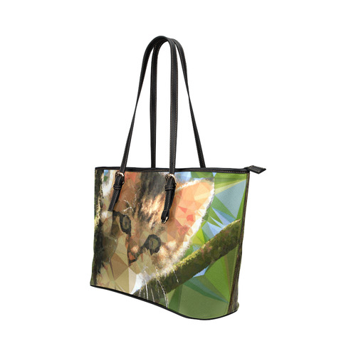 Kitten In Tree Low Poly Triangles Leather Tote Bag/Small (Model 1651)