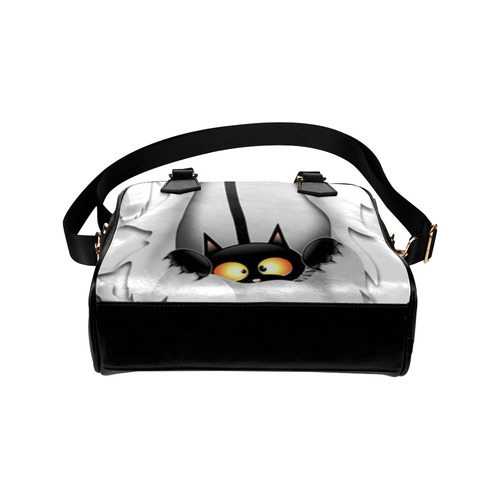 Fun Cat Cartoon in ripped fabric Hole Shoulder Handbag (Model 1634)