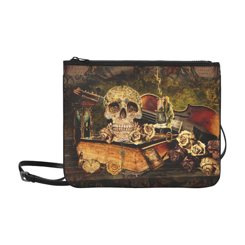 Steampunk Alchemist Mage Roses Celtic Skull Slim Clutch Bag (Model 1668)