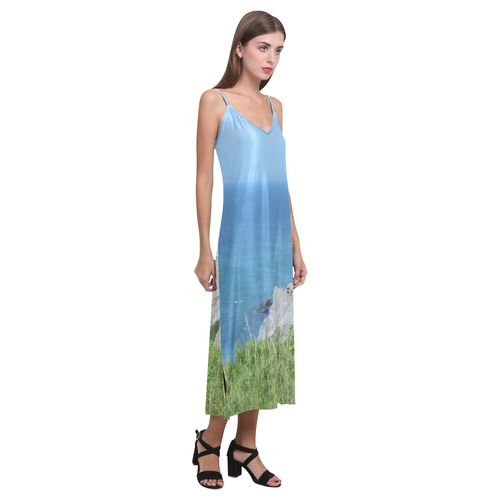 Block Island Bluffs - Block Island, Rhode Island V-Neck Open Fork Long Dress(Model D18)