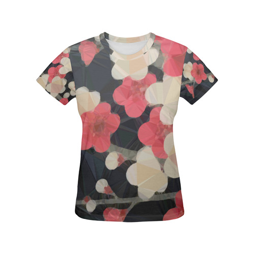 Pink Sakura Japanese Floral Low Poly Geometric All Over Print T-Shirt for Women (USA Size) (Model T40)