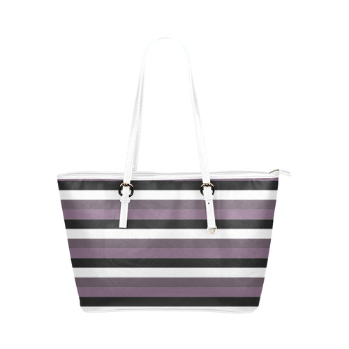 Purple Mode with Black and White horizontal striped Leather Tote Bag Leather Tote Bag/Small (Model 1651)