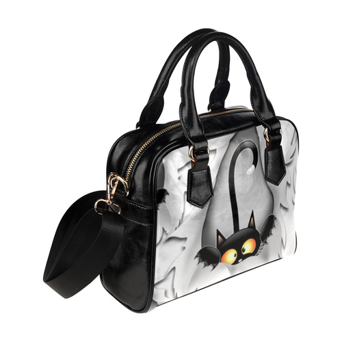 Fun Cat Cartoon in ripped fabric Hole Shoulder Handbag (Model 1634)