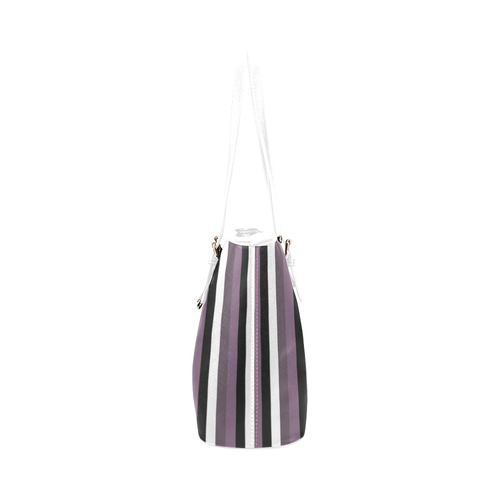 Purple Mode with Black and White vertically striped Leather Tote Bag Leather Tote Bag/Small (Model 1651)