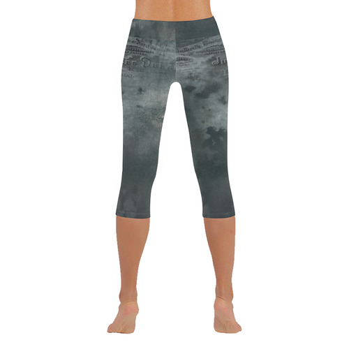 Dark grey letter vintage batik look Women's Low Rise Capri Leggings (Invisible Stitch) (Model L08)