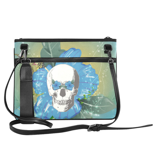 Funny skull with blue flowers Slim Clutch Bag (Model 1668)