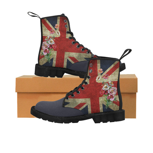 Union Jack with Flowers Blue Toe Martin Boots for Men (Black) (Model 1203H)