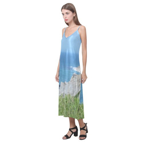 Block Island Bluffs - Block Island, Rhode Island V-Neck Open Fork Long Dress(Model D18)