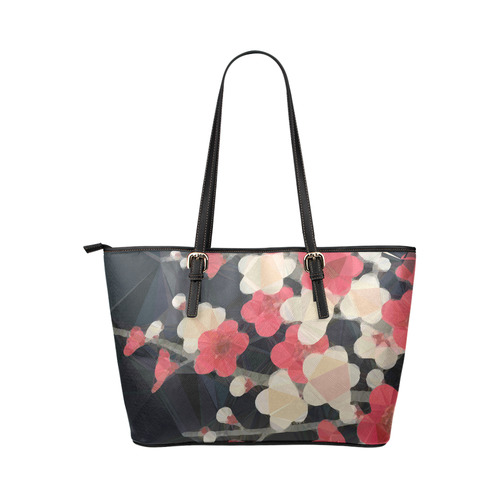 Pink Sakura Japanese Floral Low Poly Geometric Leather Tote Bag/Large (Model 1651)