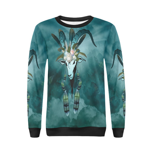 The billy goat with feathers and flowers All Over Print Crewneck Sweatshirt for Women (Model H18)