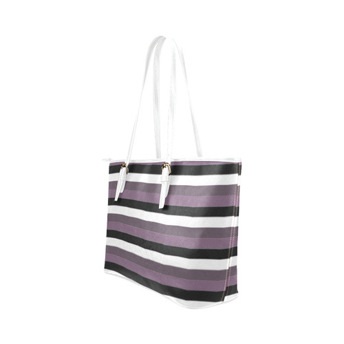Purple Mode with Black and White horizontal striped Leather Tote Bag Leather Tote Bag/Small (Model 1651)