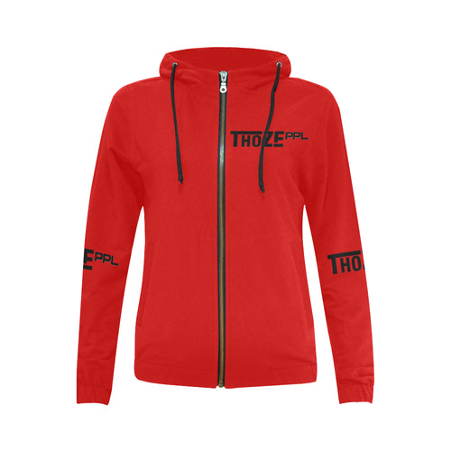 Thoze People Ladies Jacket w/ hood (black on red) All Over Print Full Zip Hoodie for Women (Model H14)