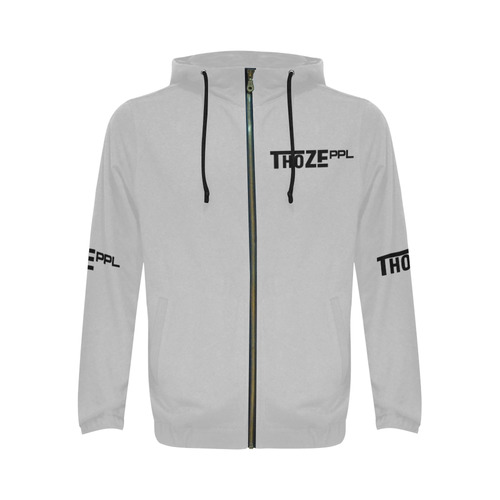 Thoze People Jacket w/ Hood (Black on Light Gray) All Over Print Full Zip Hoodie for Men (Model H14)