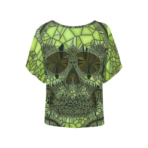 Glass Mosaic Skull,green by JamColors Women's Batwing-Sleeved Blouse T shirt (Model T44)