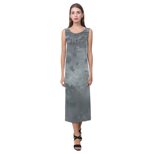 Dark grey letter vintage batik look Phaedra Sleeveless Open Fork Long Dress (Model D08)