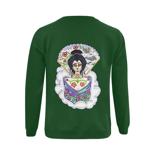 Geisha Sugar Skull Green Gildan Crewneck Sweatshirt(NEW) (Model H01)