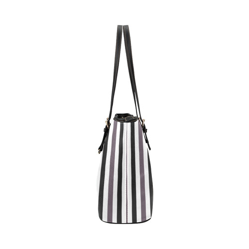 Purple Mode with black and white vertically striped Leather Tote Bag Leather Tote Bag/Small (Model 1651)