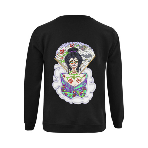 Geisha Sugar Skull Black Gildan Crewneck Sweatshirt(NEW) (Model H01)