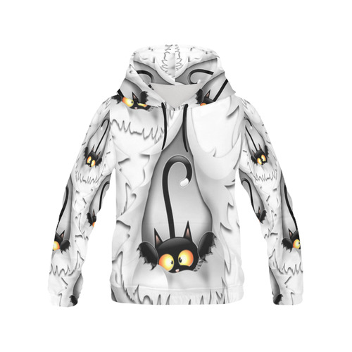 Fun Cat Cartoon in ripped fabric Hole All Over Print Hoodie for Women (USA Size) (Model H13)