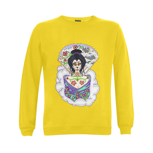 Geisha Sugar Skull Yellow Gildan Crewneck Sweatshirt(NEW) (Model H01)