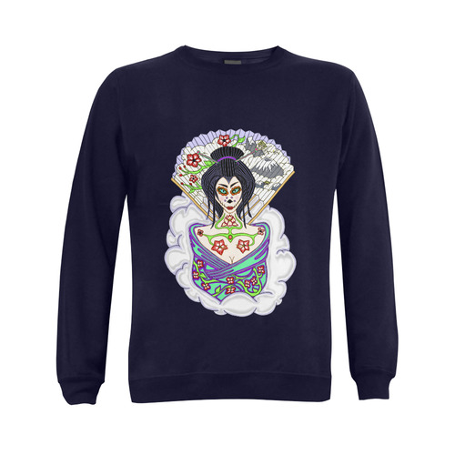 Geisha Sugar Skull Dark Blue Gildan Crewneck Sweatshirt(NEW) (Model H01)