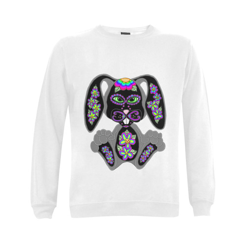 Neon Rainbow Sugar Skull Bunny White Gildan Crewneck Sweatshirt(NEW) (Model H01)