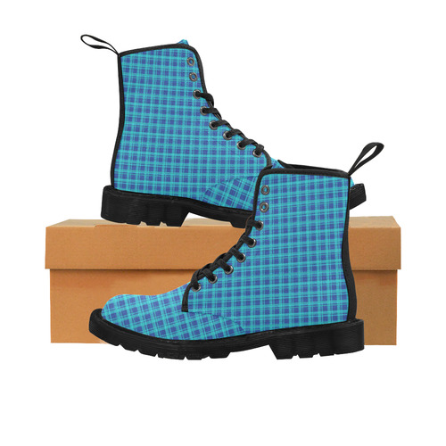 checkered Fabric blue by FeelGood Martin Boots for Women (Black) (Model 1203H)