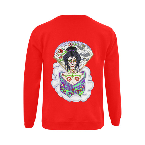 Geisha Sugar Skull Red Gildan Crewneck Sweatshirt(NEW) (Model H01)