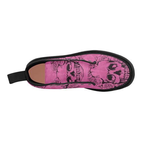 Skull with roses, pink Martin Boots for Women (Black) (Model 1203H)