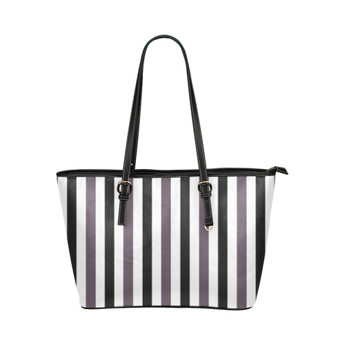 Purple Mode with black and white vertically striped Leather Tote Bag Leather Tote Bag/Small (Model 1651)