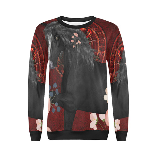 Black horse with flowers All Over Print Crewneck Sweatshirt for Women (Model H18)