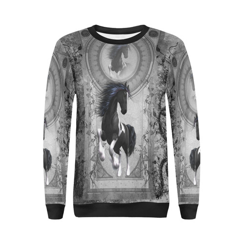 Awesome horse in black and white with flowers All Over Print Crewneck Sweatshirt for Women (Model H18)