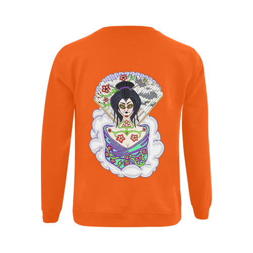 Geisha Sugar Skull Orange Gildan Crewneck Sweatshirt(NEW) (Model H01)