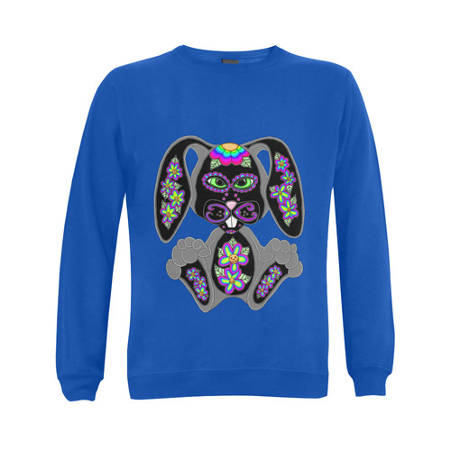 Neon Rainbow Sugar Skull Bunny Blue Gildan Crewneck Sweatshirt(NEW) (Model H01)