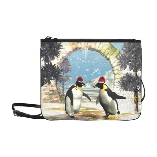 Funny penguins with christmas hat Slim Clutch Bag (Model 1668)