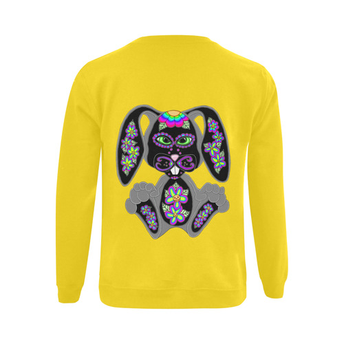 Neon Rainbow Sugar Skull Bunny Yellow Gildan Crewneck Sweatshirt(NEW) (Model H01)