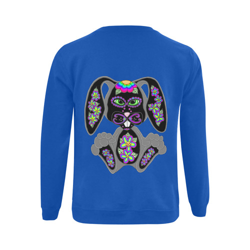 Neon Rainbow Sugar Skull Bunny Blue Gildan Crewneck Sweatshirt(NEW) (Model H01)
