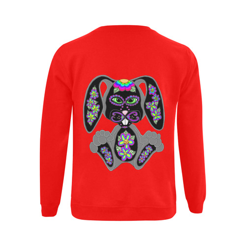 Neon Rainbow Sugar Skull Bunny Red Gildan Crewneck Sweatshirt(NEW) (Model H01)