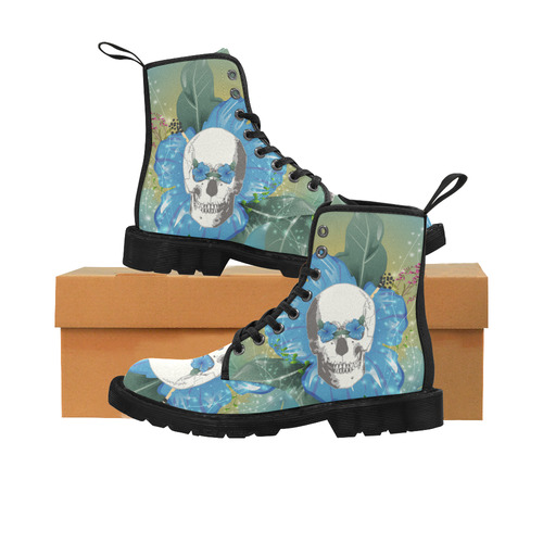 Funny skull with blue flowers Martin Boots for Women (Black) (Model 1203H)