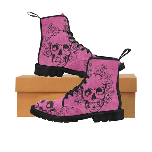 Skull with roses, pink Martin Boots for Women (Black) (Model 1203H)