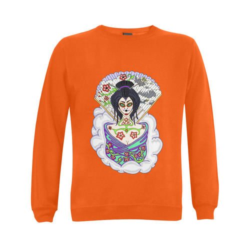 Geisha Sugar Skull Orange Gildan Crewneck Sweatshirt(NEW) (Model H01)